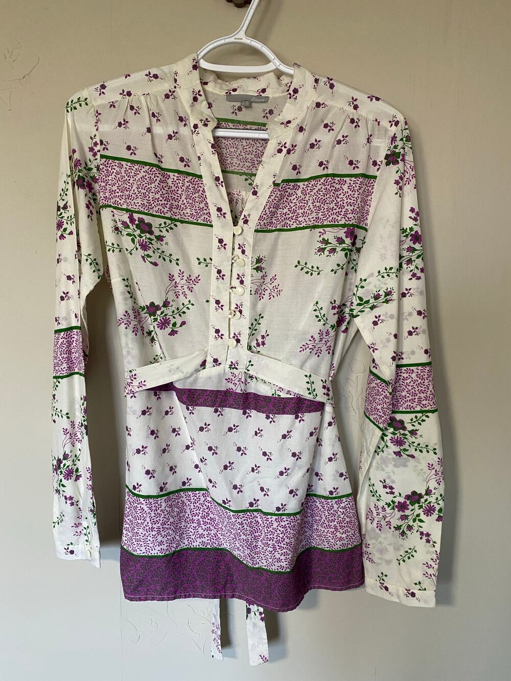 Etam Paris 100% Cotton Cream Purple Floral MilkMaid Blouse Prairie M